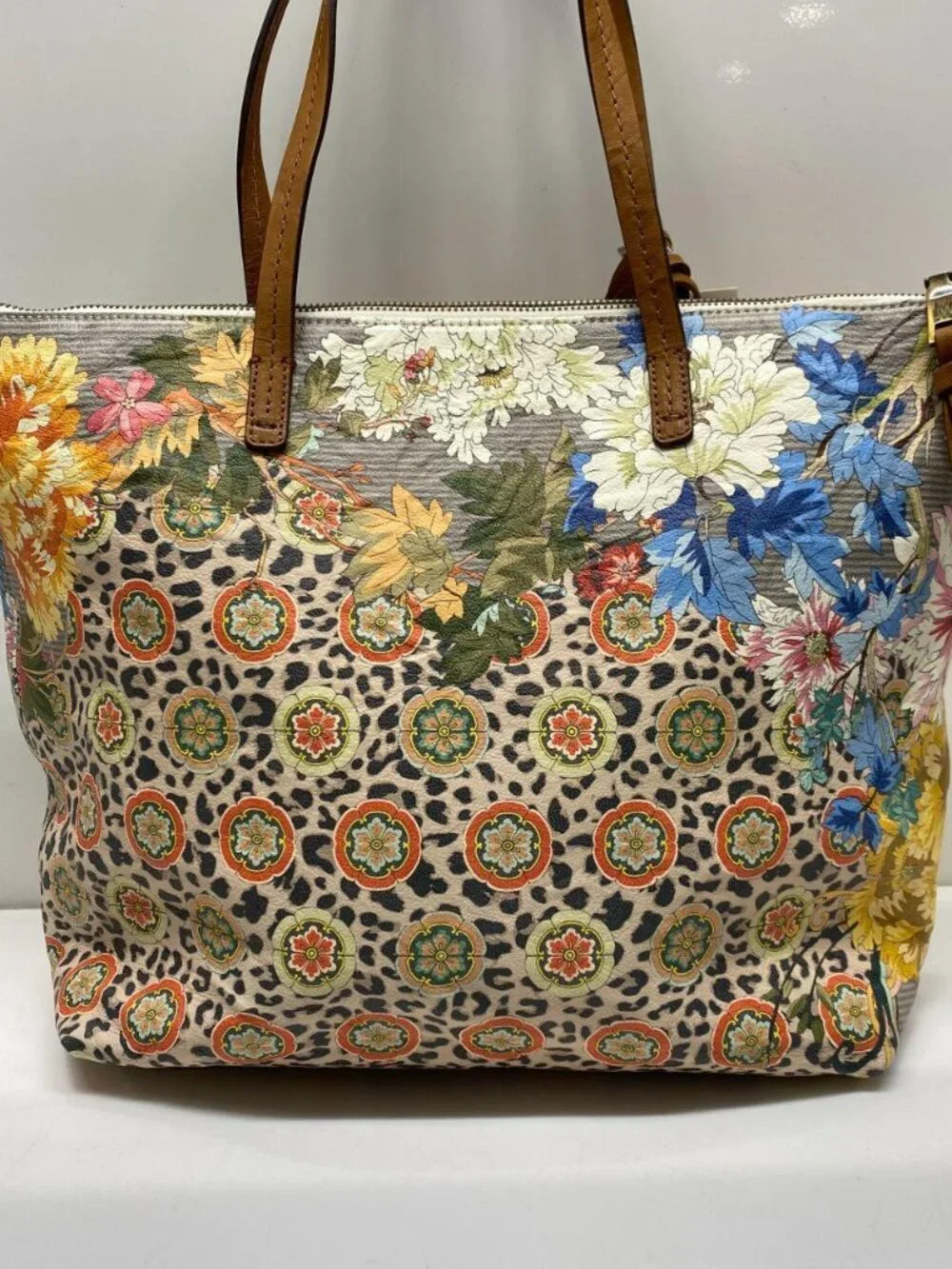 Johnny Was Leather Floral Taylor Leopard Shopping Tote Bag NWT